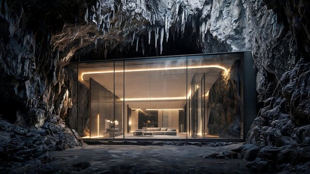 Modern glass architecture house built inside a dark natural cave with warm interior lights