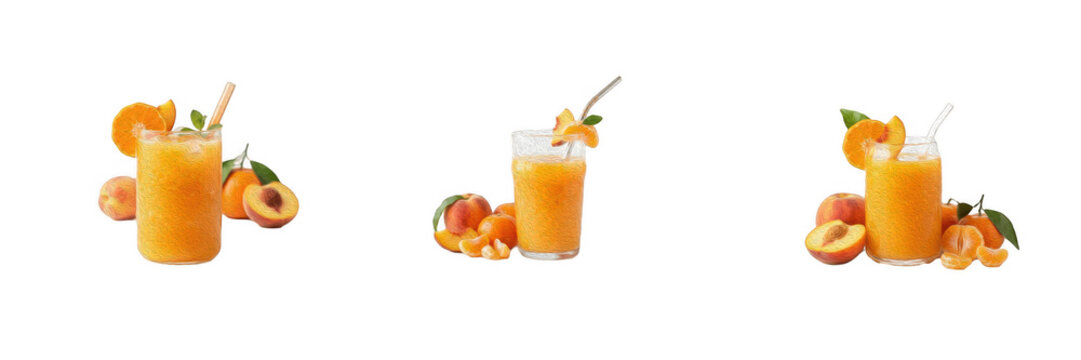 Set of Fresh Apricot Orange Juice Smoothie Glasses Cold Summer Drink Cocktail Beverages Fresh Fruit Slices Mint Straw Isolated White Background PNG Cutout Elements Macro Healthy Organic Snack Refreshm