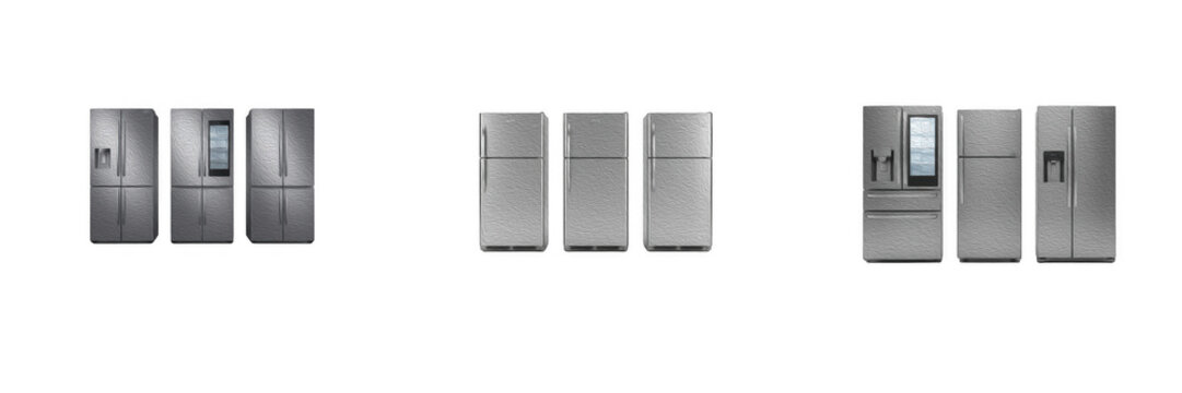 Modern stainless steel refrigerator set isolated on white transparent background PNG clipart, smart double door fridge freezer appliance row, kitchen home interior design element, metallic cool store 