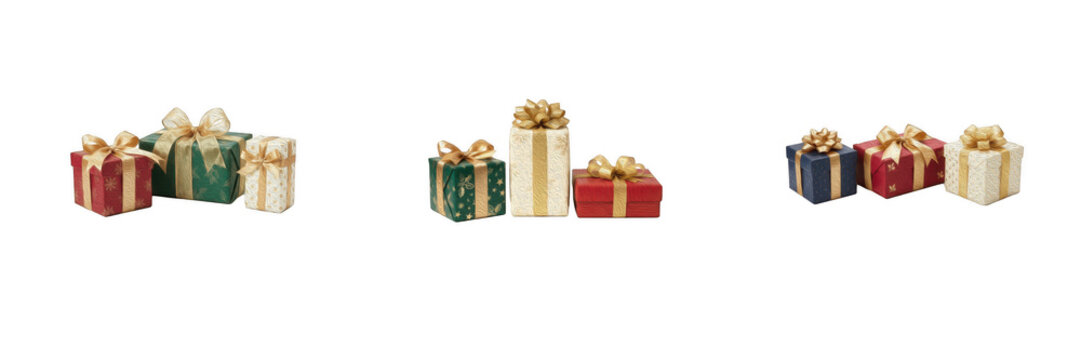 Luxury wrapped Christmas gift box set isolated on white transparent background PNG clipart, festive holiday present package row with gold ribbons, birthday, New Year celebration banner graphic design 
