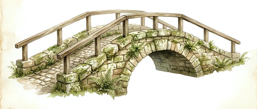 Stone arch bridge with wooden railings covered in climbing ivy and moss, suitable for landscape architecture, garden design, historical references, and fantasy illustrations.