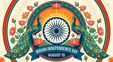 Obraz premium Indian Independence Day Peacock Lotus Emblem August 15