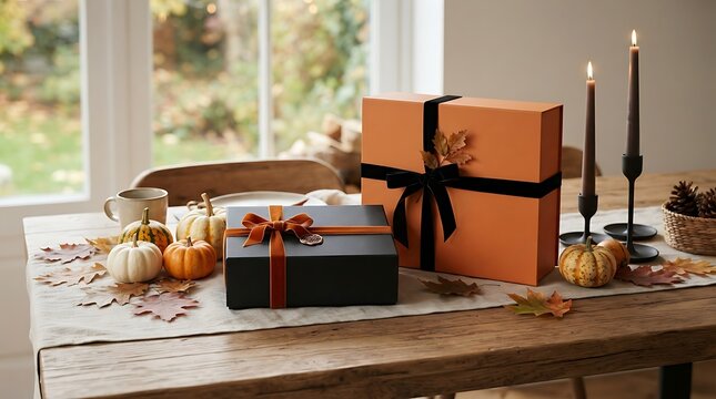 Autumn Gift Arrangement: A charming tablescape adorned with pumpkins, fall leaves, and elegant gift boxes, illuminated by the soft glow of candles, setting a festive autumn mood.