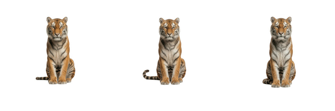 Majestic sitting Bengal tiger row isolated on white transparent background PNG clipart set, wild big cat predator mammal, zoo animal safari design element, power strength jungle feline wildlife cutout