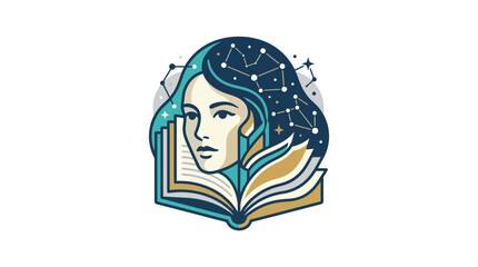 Woman reading book with celestial constellation hair art. © klx