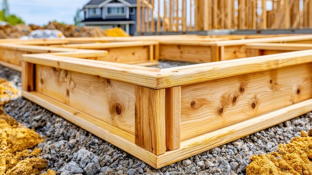 Newly Built Construction Site Featuring Wooden Foundation and Gravel Base for Future Home