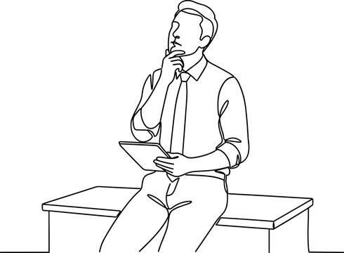 Continuous line drawing of a pensive businessman sitting on a desk.