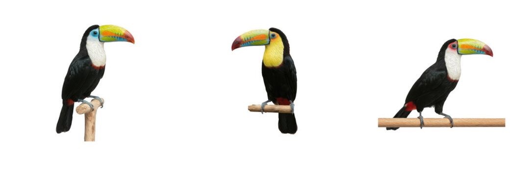 Keel-Billed Toucan Bird Vector Set - Colorful Tropical Exotic Rainforest Wildlife PNG Graphic Isolated on Transparent Background for Summer Vacation Poster, Zoo Animal Illustration, T-Shirt Print, and