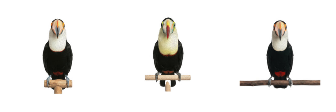 Front View Toucan Bird Vector Set - Colorful Exotic Tropical Wildlife PNG Graphic Isolated on Transparent Background for Zoo Animal Design, Summer Poster, T-Shirt Print, Nature Art, and Educational Bo