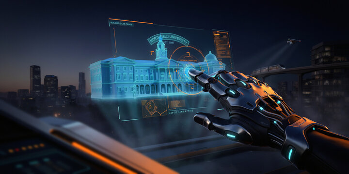Robotic hand interacting with a futuristic holographic university campus interface, smart city technology, AI education, digital twin, augmented reality