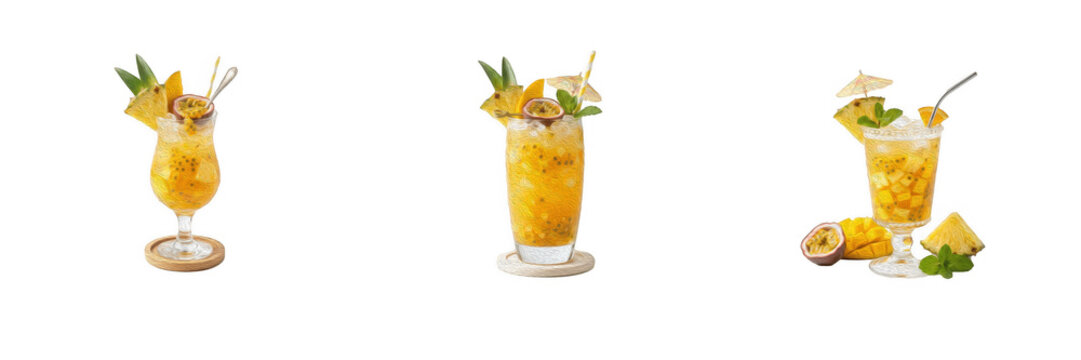 Tropical Passion Fruit Pineapple Cocktail Set - Refreshing Cold Drink PNG Graphic Isolated on Transparent Background for Summer Beach Party Menu, Cocktail Bar Promotion, Juice Banner, and Restaurant B