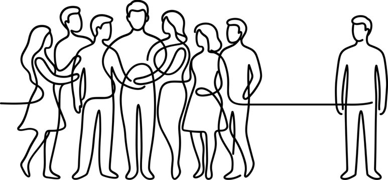 Continuous line art illustration showing social isolation and exclusion.