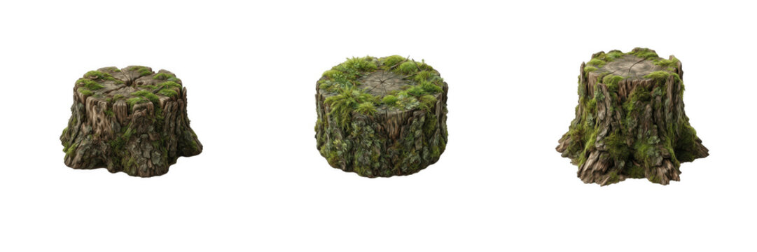Realistic Mossy Tree Stump Pedestal Set - Wooden Log Podium PNG Graphic Isolated on Transparent Background for Forest Product Display, Cosmetic Mockup, Fantasy Nature Scene, Garden Backdrop, and 3D Pr