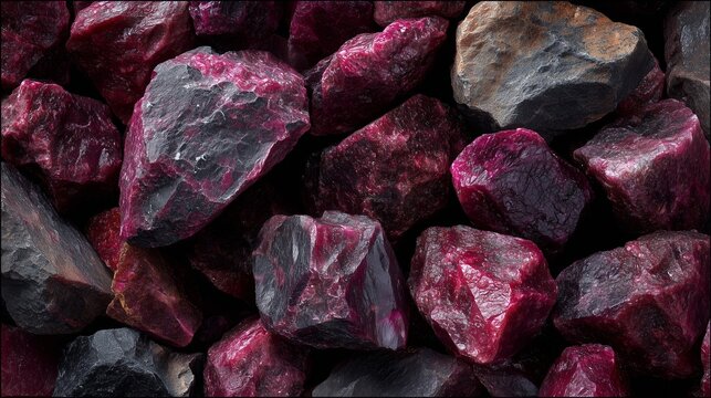 Background of raw ruby stones, rough uncut corundum pieces