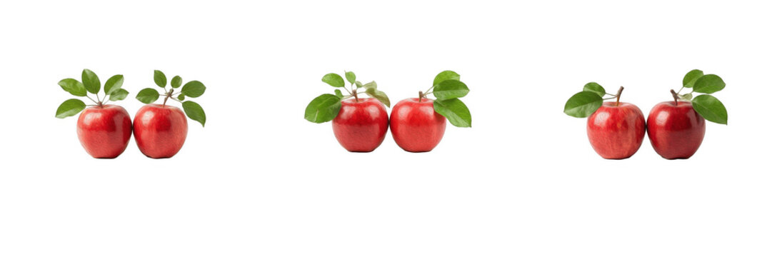 Fresh Red Apple Pair with Green Leaves Set - Realistic Fruit PNG Graphic Isolated on Transparent Background for Healthy Eating, Juice Bar Packaging, Autumn Harvest Festival, Grocery Flyer, and School 