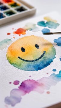 Hand holding round brush painting curved mouth onto cheerful watercolor smiley face with vibrant gradient wash, splatters, textured paper, soft color blending, and playful handmade art style