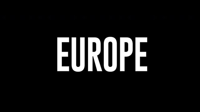 Slow motion digital Europe travel kinetic typography video with sleek condensed text and a glowing light transition using a cinematic dolly out motion