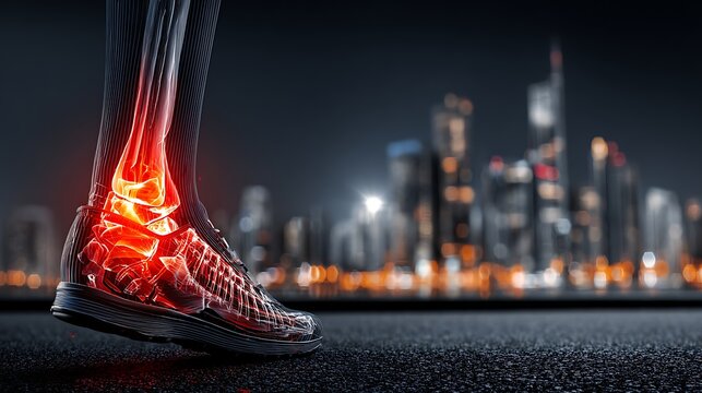 Close up 3D render of a sports shoe with glowing inflamed ankle bones on a dark urban cityscape ba