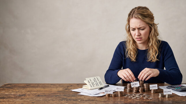 Debt income ratio financial stress woman at table with bills rent loans and coins