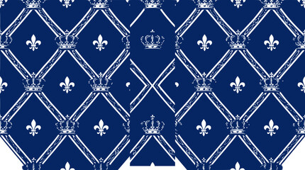 Royal Blue Seamless Pattern with Crowns and Fleur-de-lis Motifs © Klona