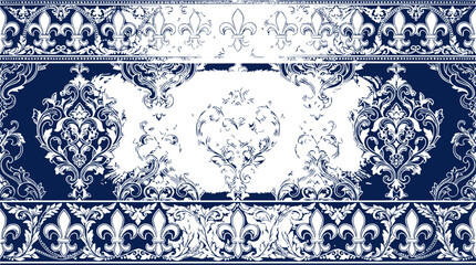 Ornate Damask Pattern Border with Fleur de Lis on Dark Blue Background, Vintage Style © Klona