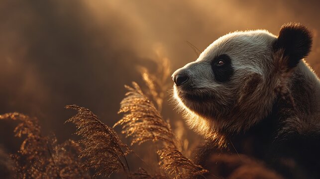 Close up of a giant panda s head with dramatic golden hour lighting and soft focus reeds in the fo