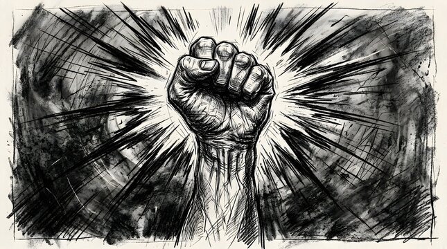 Raised fist protest gesture sketch drawing expressing power and resistance with strength resistance activism