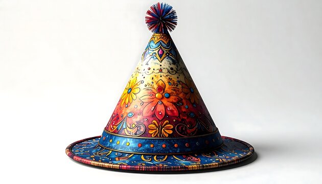 Vibrant Ornamental Party Hat with Intricate Colorful Floral Patterns and Decorative Pom-pom on White Background