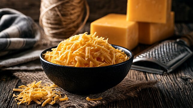 Freshly shredded cheddar cheese in a black bowl on rustic wood. Ideal for cooking, restaurant menus, or recipe food.