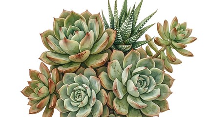 Obraz premium Cluster of succulent plants with thick fleshy leaves in shades of green and dusty rose, featuring rosette formations and varied textures for botanical and garden design projects.