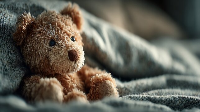 Cozy brown teddy bear nestled in soft blanket. close up. warm lighting. comforting. whimsical. mac