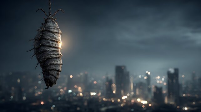 Eerie bagworm larva suspended against a blurred city skyline at dusk. dramatic lighting