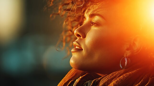 Woman s profile in warm golden sunset light with curly hair and thoughtful expression. shallow dep