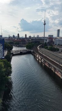 Berlin Cityscape River Spree Jannowitzbr&uuml;cke Berliner Fernsehturm TV Tower U Bahn S Bahn Railway Bridge Urban Skyline Public Transit Germany European Capital Architecture Travel Destination