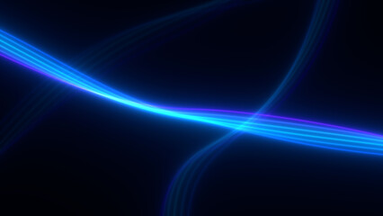Obraz premium Flowing blue glowing light streaks on a black backdrop, with bright luminous highlights and fine soft detail, useful as a colorful background for websites and social media.