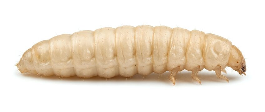 Pale segmented larva of mealworm beetle with wrinkled texture, suitable for educational materials, pest control documentation, and entomology resources.