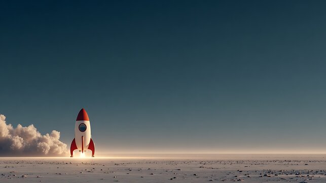 Retro red and white rocket blasting off from barren ground with dramatic clouds and smoke