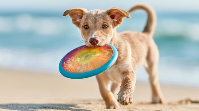 Playful Puppy Joyfully Fetching a Colorful Frisbee on a Sunny Beach