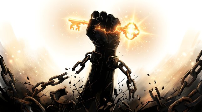 Human hand breaking through heavy chains holding glowing golden key symbolizing freedom with breaking, strength