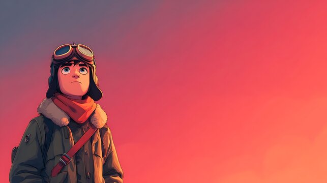 Young cartoon pilot wearing aviator hat. goggles. and warm jacket looking up with wonder against a