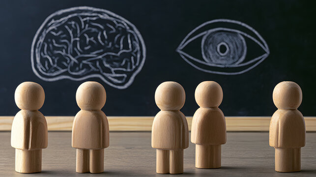 Wooden figurines look at the chalkboard with a brain and an eye, serving as symbols for thought and perception.