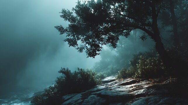 Mysterious misty forest path with rocky terrain and dense foliage beside dark water