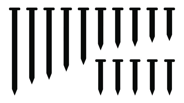 A collection of various sharp iron nails arranged in a neat row featuring flat heads and pointed tips for construction