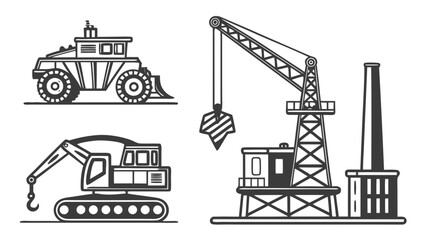 Obraz premium Industrial construction site equipment and heavy machinery icons with machinery