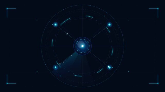 Glowing blue futuristic radar interface scanning digital data points