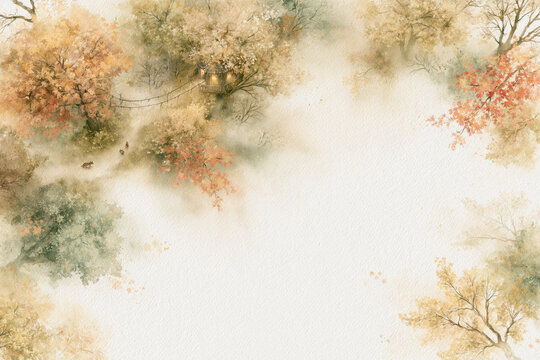 Autumn forest treehouse surrounded by soft golden foliage