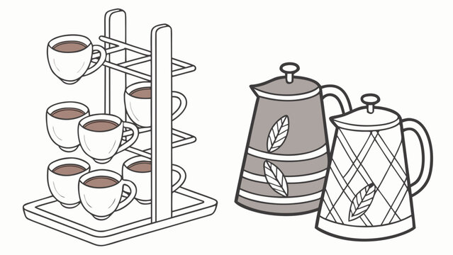 Coffee cups on rack and decorative tea pots line art with drying rack, tea pot