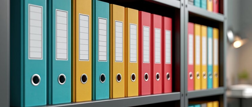 Colorful ring binders neatly arranged on metal shelf, office document archive storage, data management business background