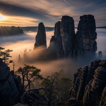 Dramatic sunset over limestone karst formations in Thailand.