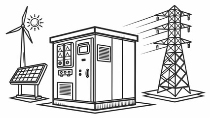 Renewable energy station with wind turbine solar panels and power grid, facility © bali